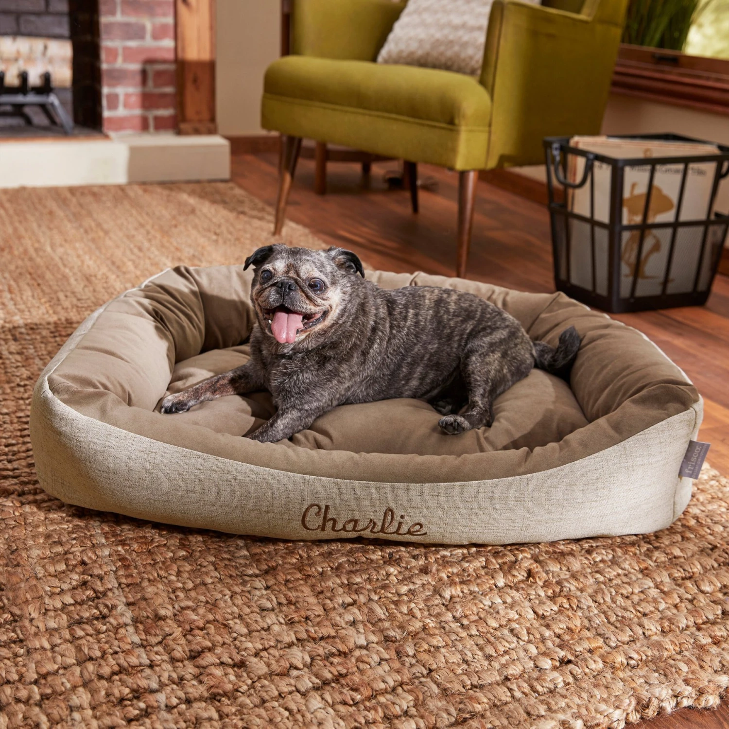 Frisco Rectangular Personalized Bolster Dog Bed W/Removable Cover, Beige, Large 1 Frisco Rectangular Personalized Bolster Dog Bed W/Removable Cover, Beige, Large