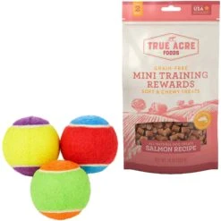 Frisco Fetch Squeaking Colorful Tennis Ball Dog Toy & True Acre Foods Salmon Recipe Mini-Training Rewards Grain-Free Soft & Chewy Dog Treats
