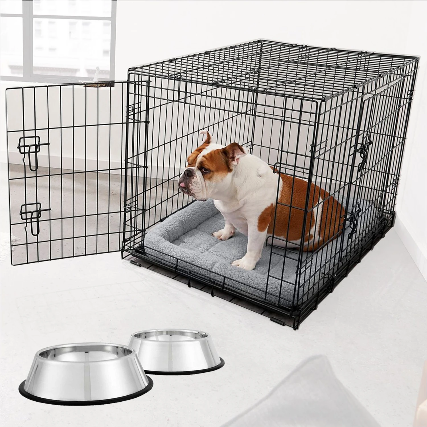 Frisco Fold & Carry Double Door Collapsible Wire Dog Crate & Mat Kit & Frisco Stainless Steel Bowl 1 Frisco Fold & Carry Double Door Collapsible Wire Dog Crate & Mat Kit & Frisco Stainless Steel Bowl