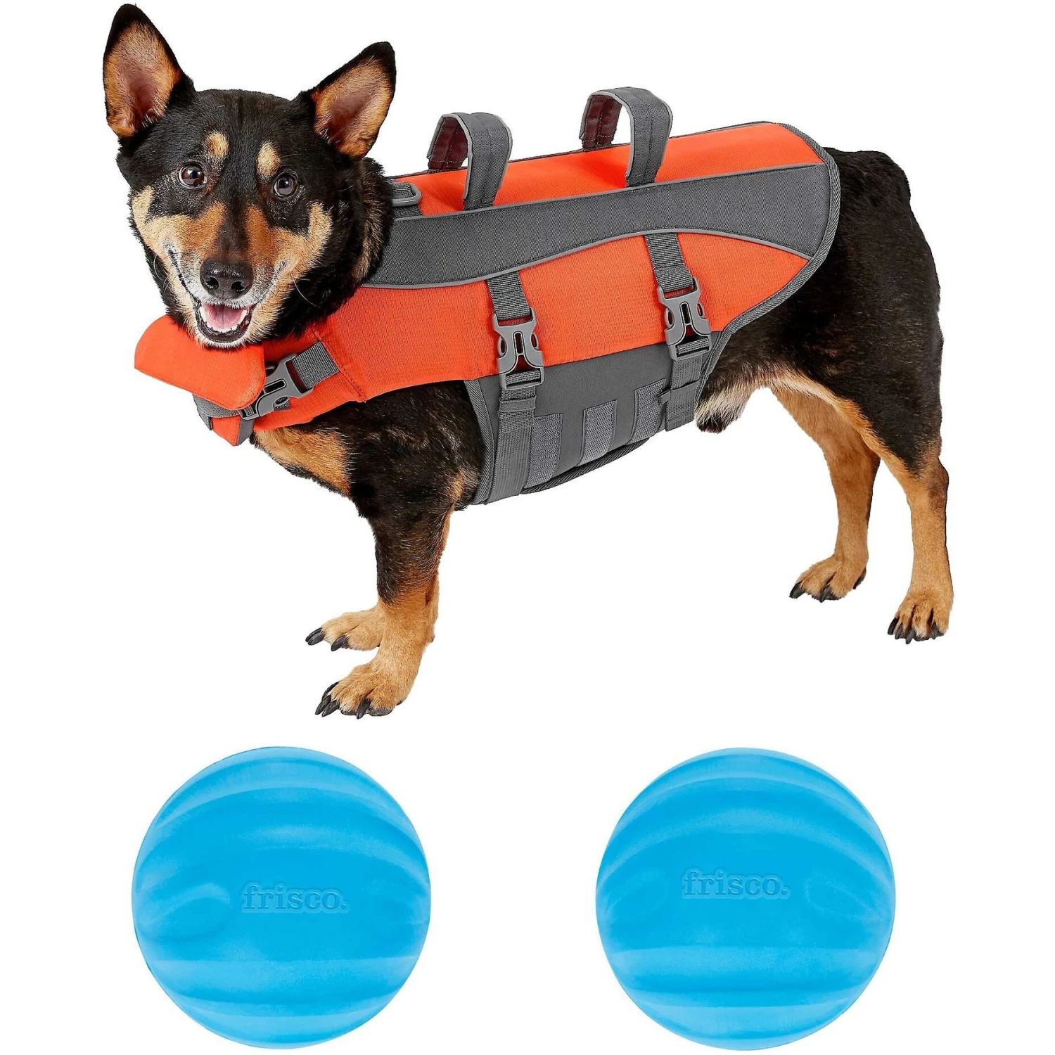 Frisco Ripstop Dog Life Jacket & Frisco Foam Rubber Floating Fetch Ball No Squeak Dog Toy 1 Frisco Ripstop Dog Life Jacket & Frisco Foam Rubber Floating Fetch Ball No Squeak Dog Toy