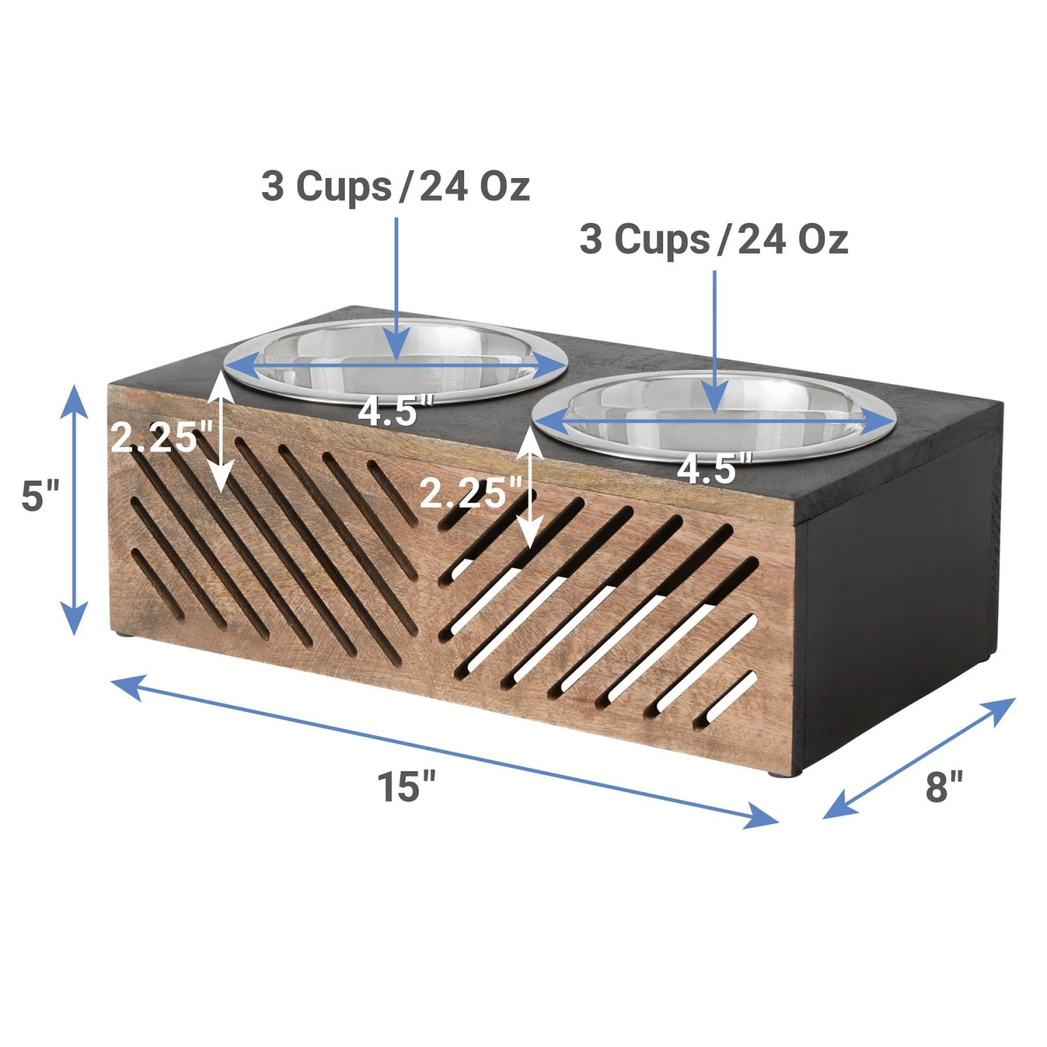 Frisco Premium Wood Elevated Stainless Steel Double Diner Dog & Cat Bowl, Black, 3 Cup 2 Frisco Premium Wood Elevated Stainless Steel Double Diner Dog & Cat Bowl, Black, 3 Cup - Image 2