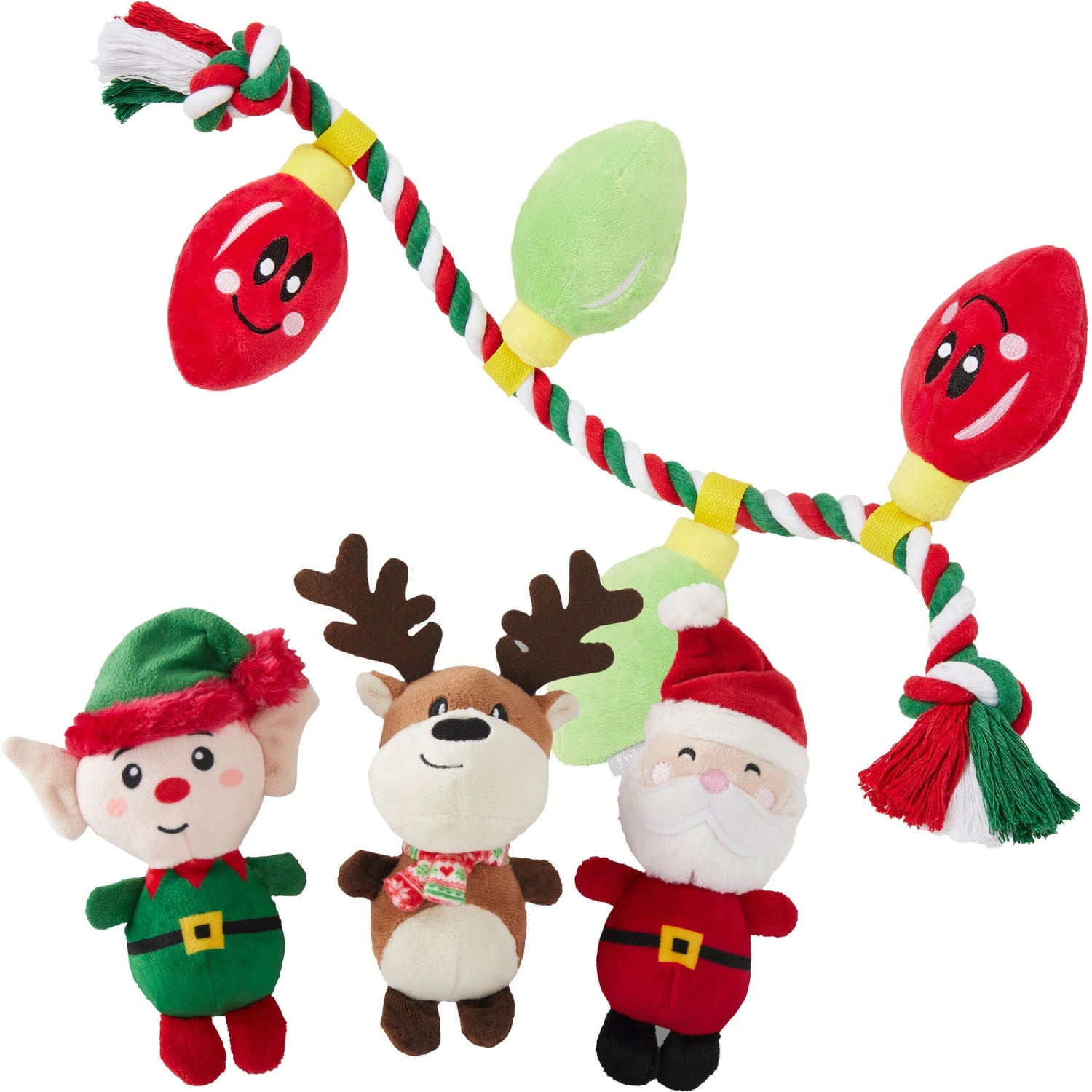 Frisco Holiday Santa's Helpers Plush Squeaky Dog Toy, 3 Count & Frisco Holiday Lights Plush With Rope Squeaky Dog Toy 1 Frisco Holiday Santa's Helpers Plush Squeaky Dog Toy, 3 Count & Frisco Holiday Lights Plush With Rope Squeaky Dog Toy